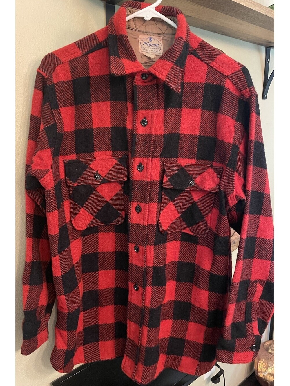 Vintage Pilgrim Shirt Mens Large Buffalo Plaid 100% Wool Flannel 50s 60s